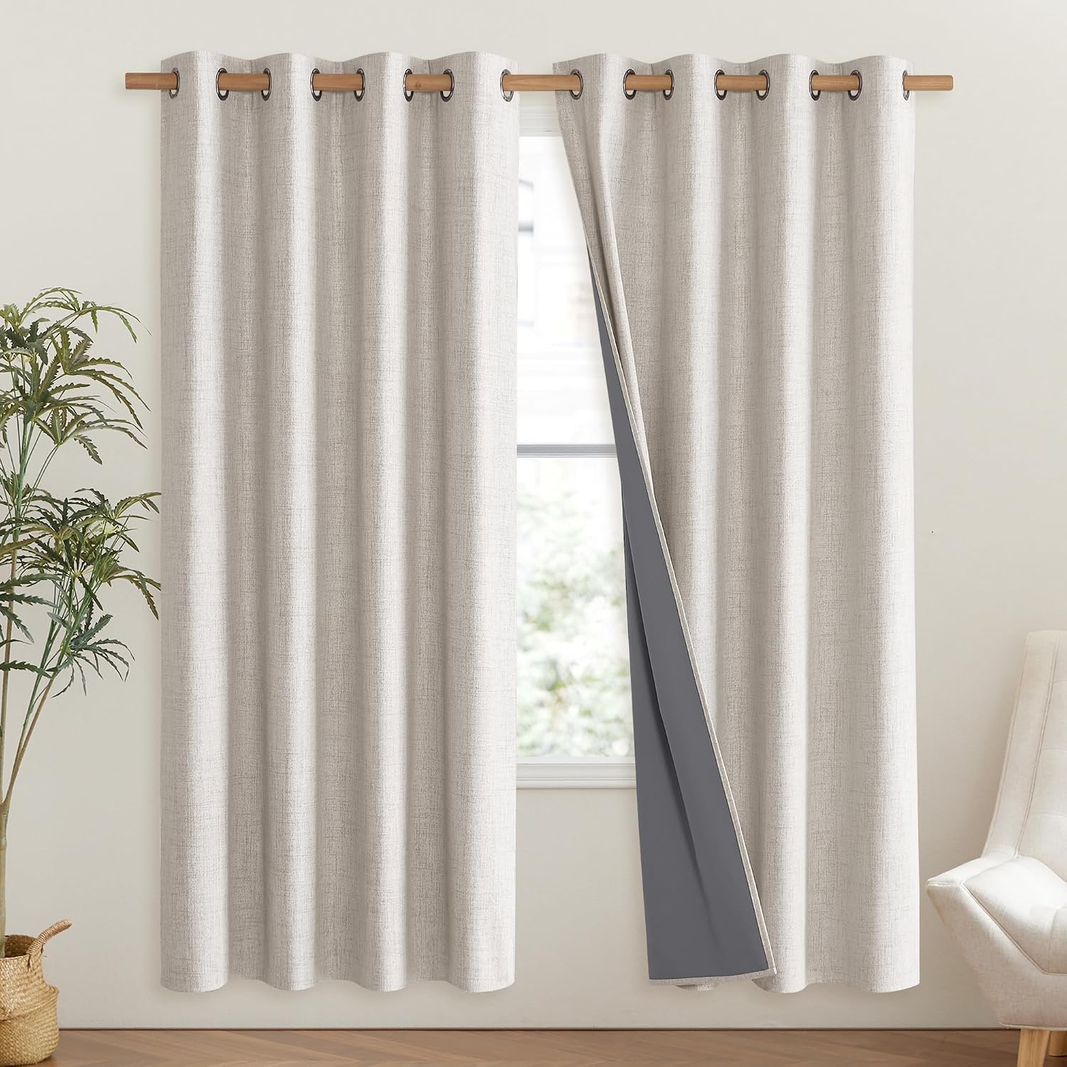 NICETOWN Brich Vintage Open Linen Weave Flax Thermal Curtains, 100% Blackout Curtains 72" Long for Dining Room, Soundproof Window…