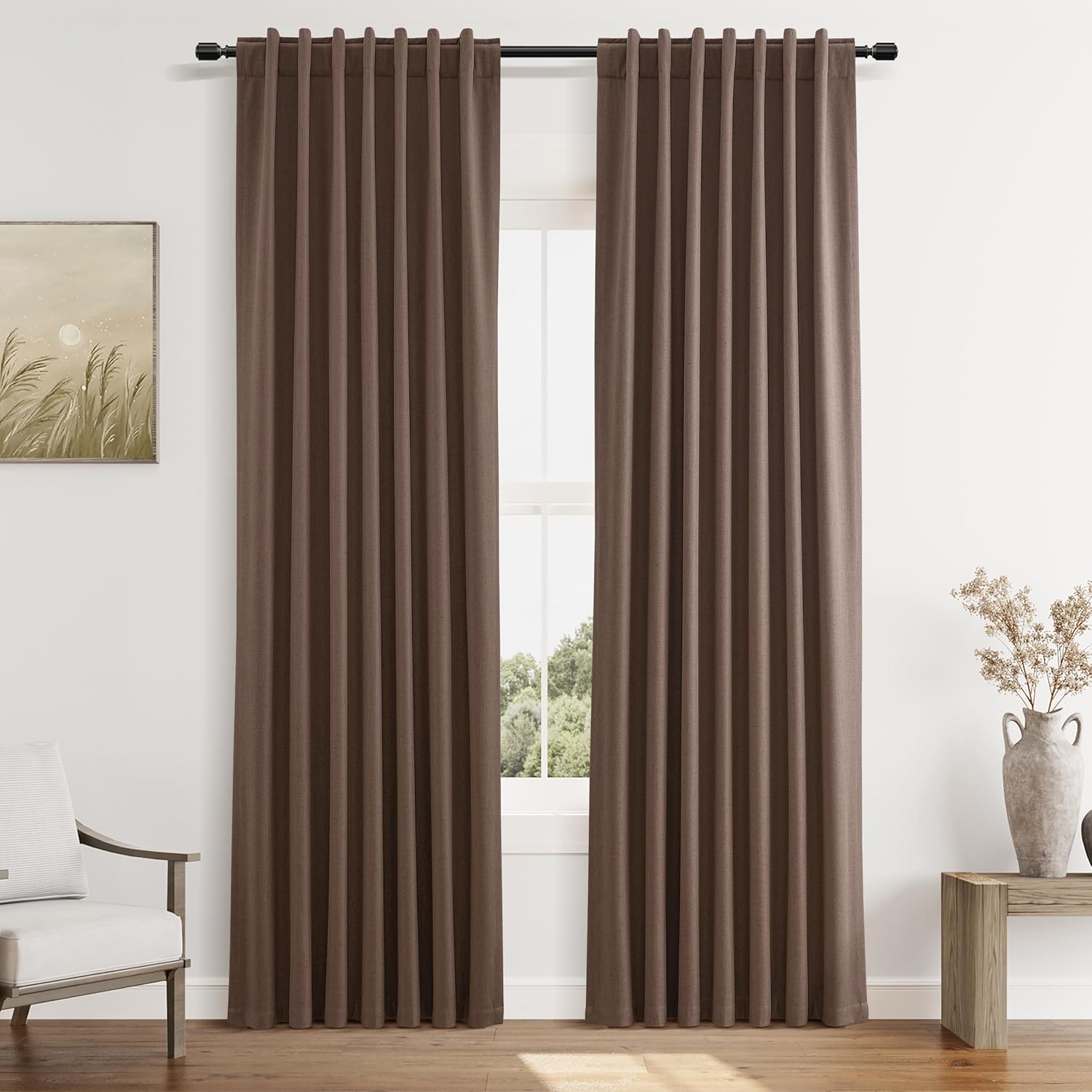 Guken Cappuccino 100% Blackout Linen Curtains 84 Inch Length 2 Panels Set for Living Room Bedroom Back Tab/Rod Pocket Thermal Insulated Far…