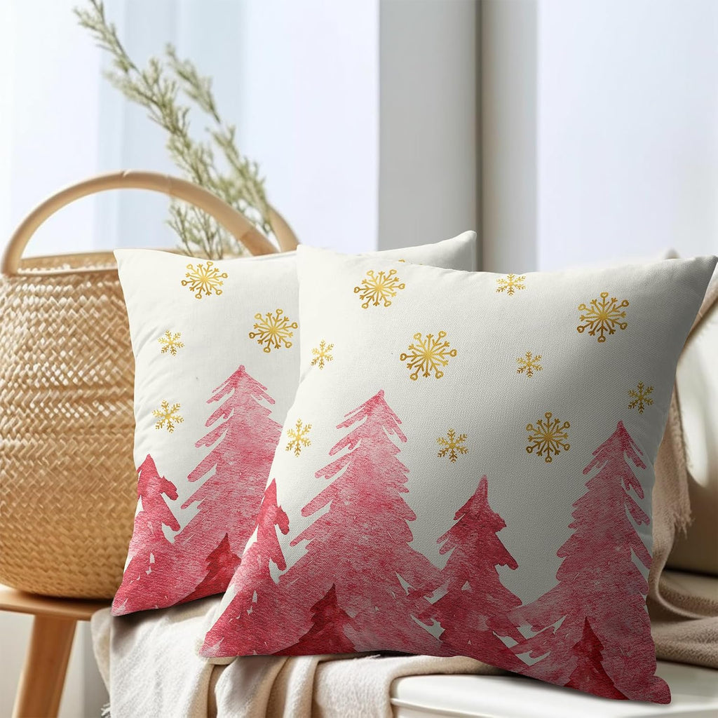 Christmas Tree Throw Pillow 18x18 Inch Set of 2 Cover Winter Christmas Pillowcase Pink Trees Golden Snowflake Decorative Cushion Cover…