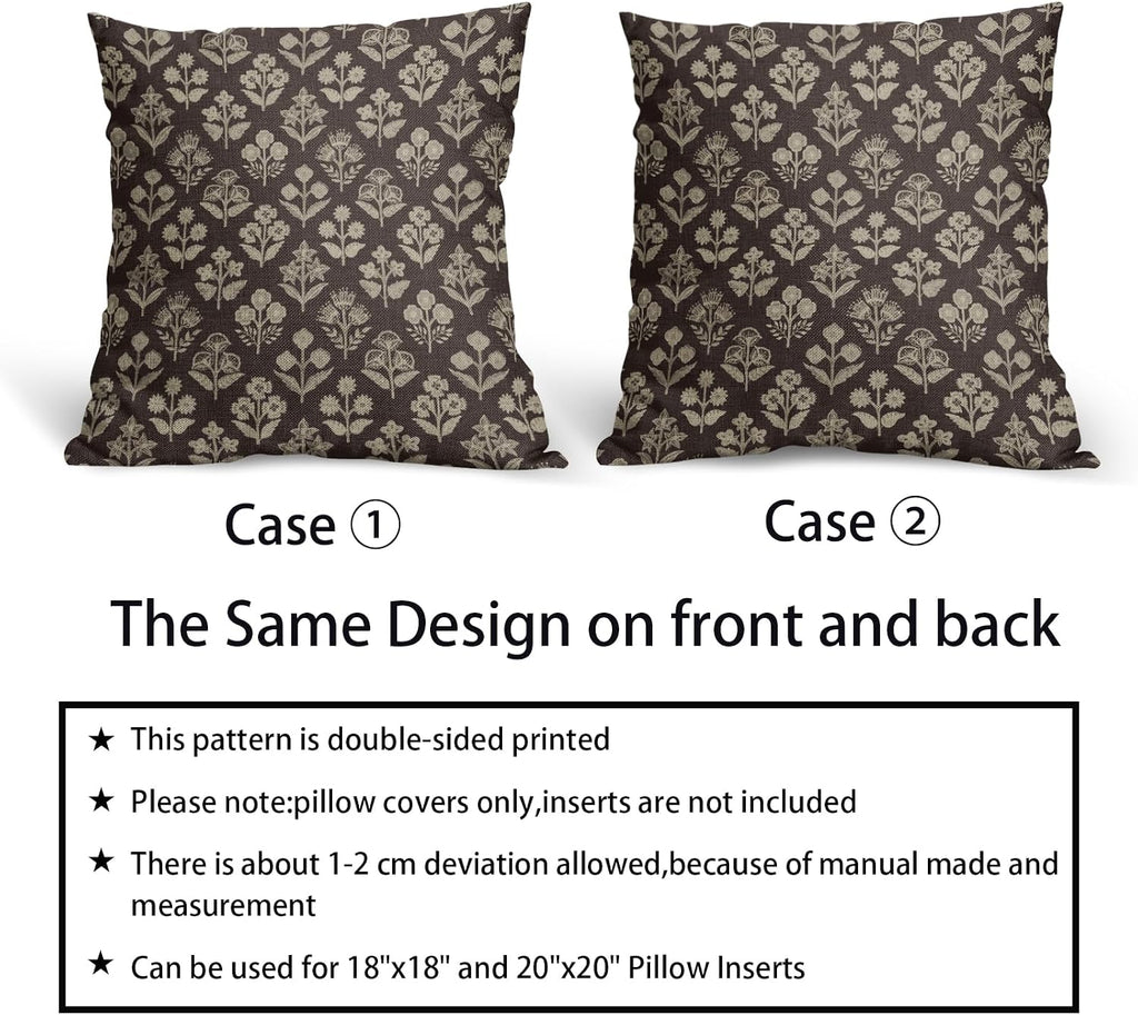 Dark Brown Floral Block Print Pillow Covers 18x18 Inch Set of 2, Vintage Flower Pattern Decorative Throw Pillowcases Outdoor Farmhouse…