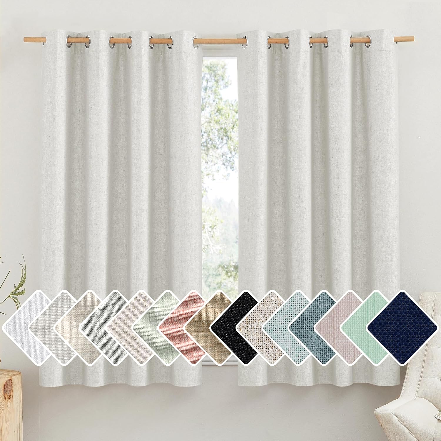 NICETOWN 100% Absolutely Blackout Linen Curtains with Thermal Insulated White Liner, Ivory, 52" W x 45" L, Set of 2, Burlap Textured…