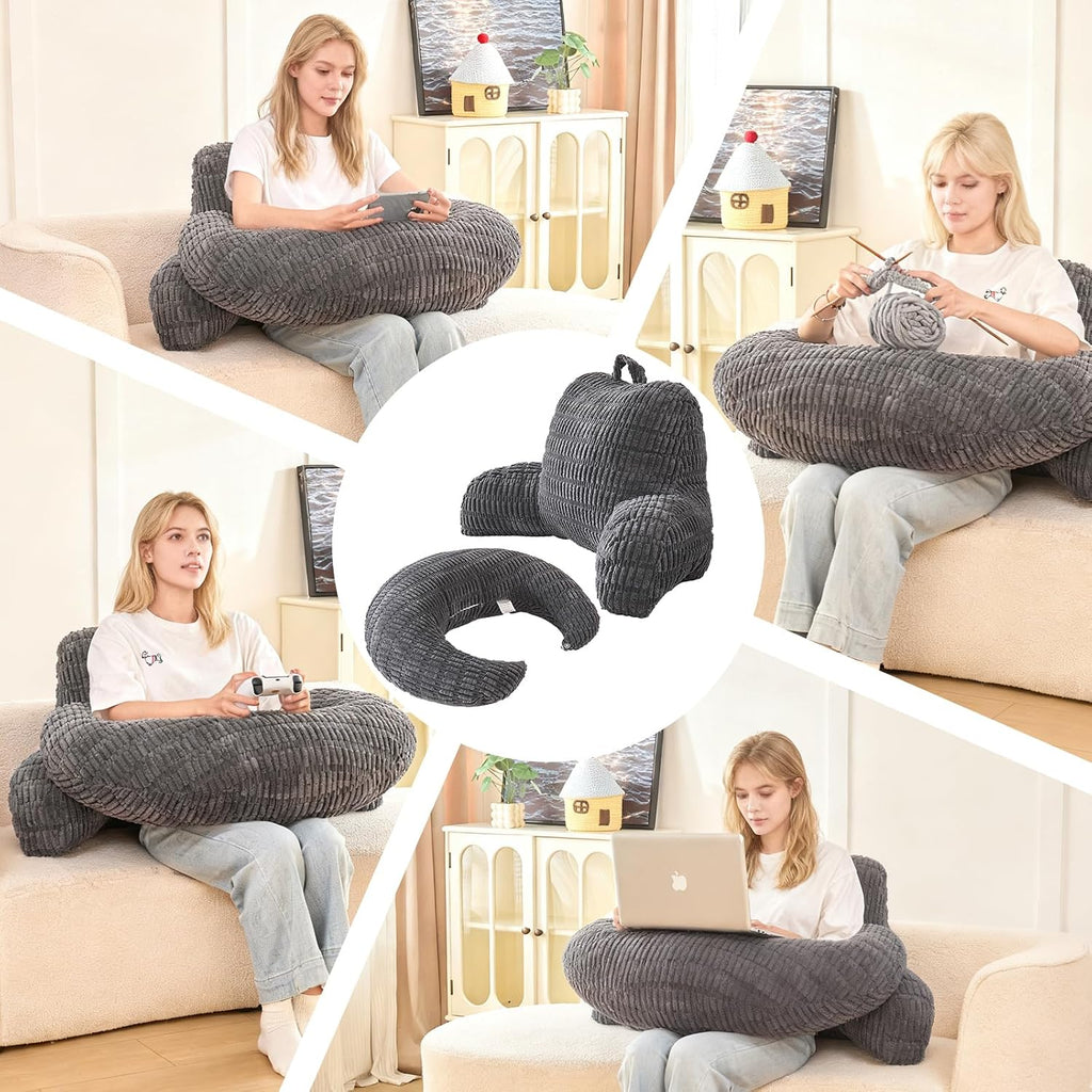 Pajeo 19" Corduroy Reading Pillow for Bed, Durable Striped Backrest Cushion with Lumbar Support & Arms, Firm Support Ergonomic Lounger for Ba…