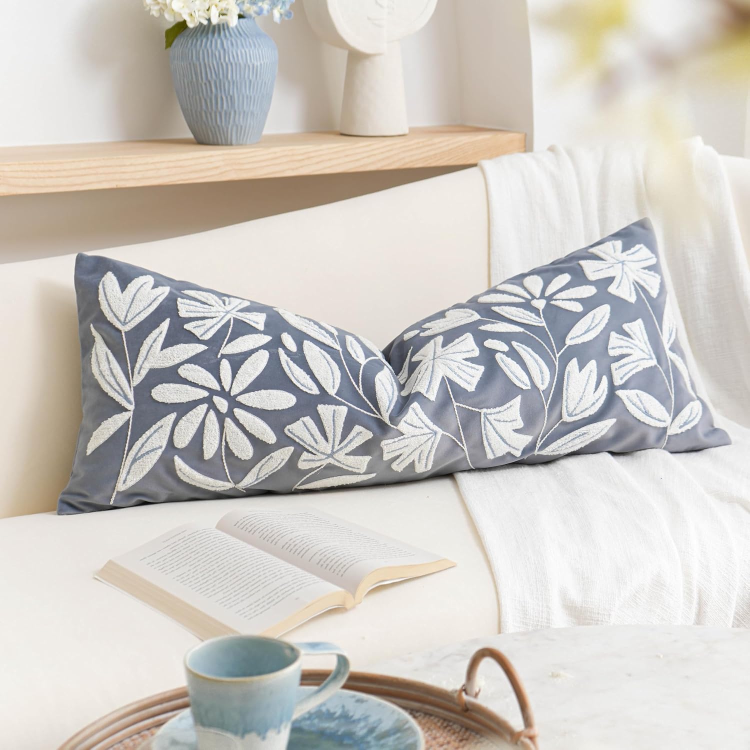 BlissBlush 14x36 Lumbar Pillow Cover for Bed, Grayish Blue Rectangular Long Throw Pillowcase, Embroidered Velvet Floral Tufted Farmhouse…
