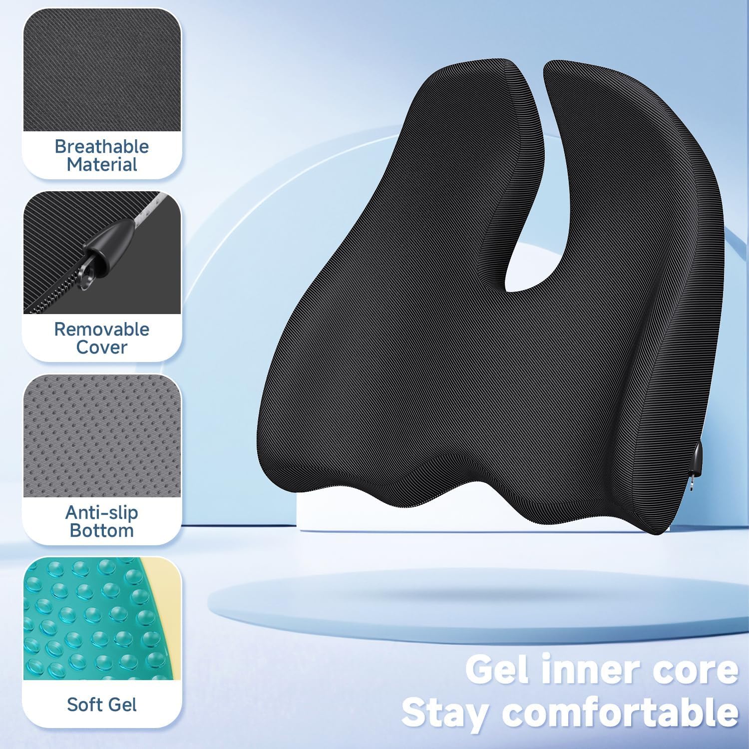 Benazcap Large Cooling Gel Seat Cushion for Office Chair Ergonomic Cushions-Gel & Memory Foam Coccyx Butt Pillow for Sciatica & Back for Lo…