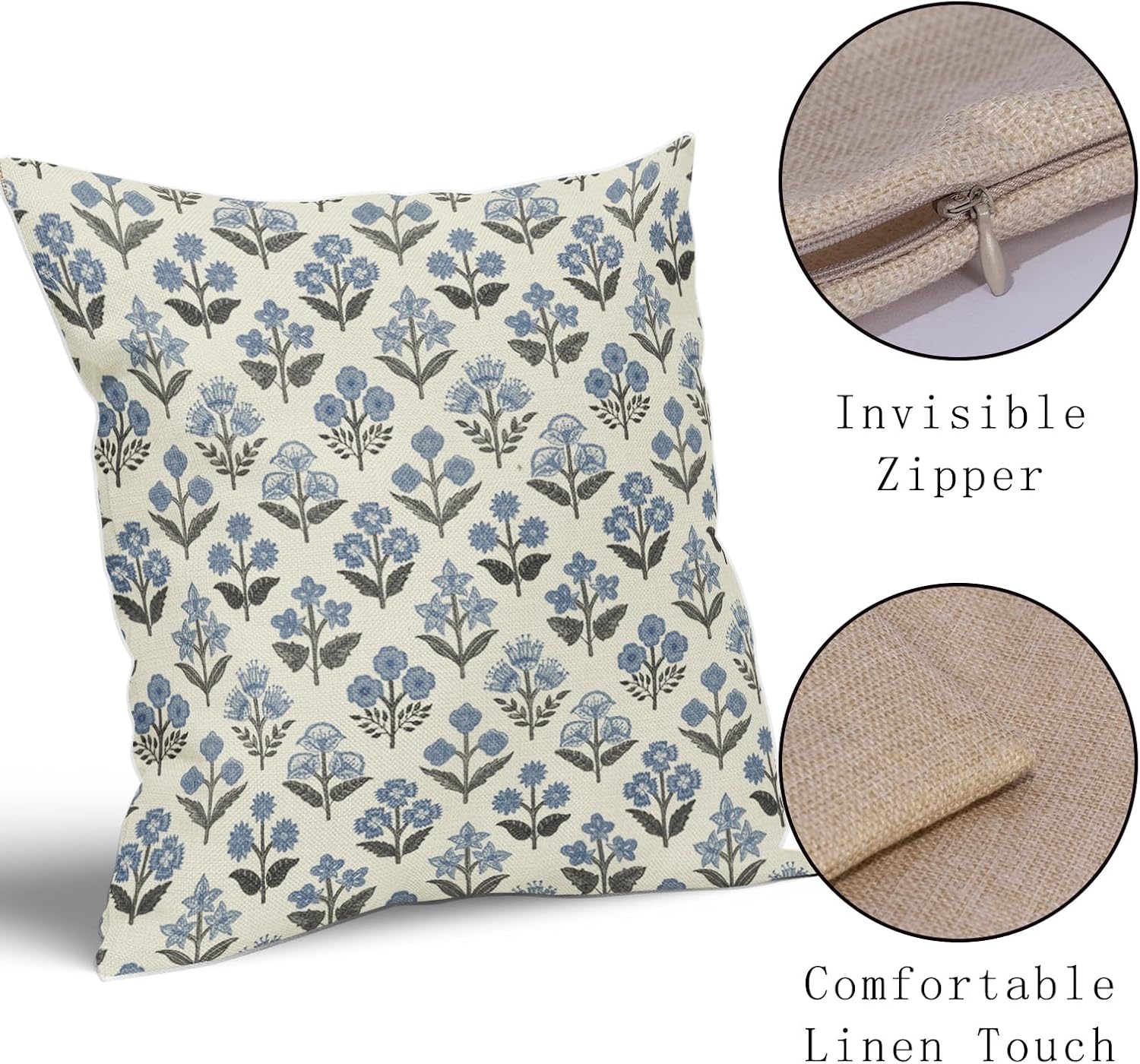 Black Blue Floral Block Print Pillow Covers 18x18 Inch Set of 2, Vintage Flower Pattern Spring Summer Decorative Throw Pillowcases…