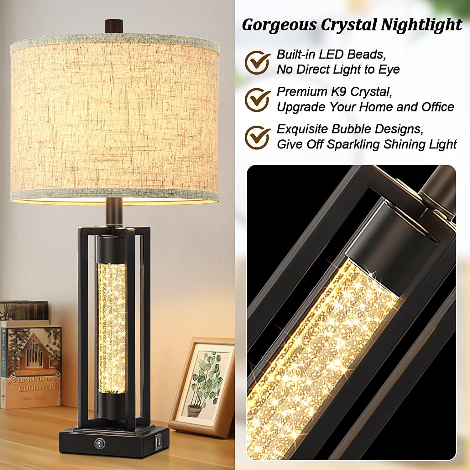 Tobusa 26’’ Farmhouse Table Lamp for Living Room, Vintage Crystal Nightstand Lamp with 2 USB Ports, Rustic Bedside Lamp with Fabric Shade,…