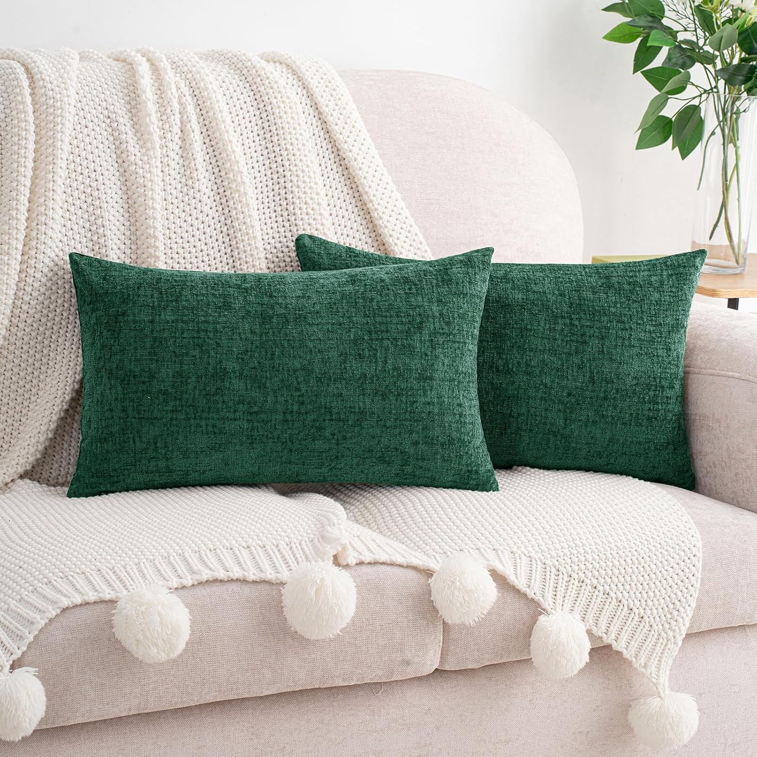 Hwy50 HWY 50 Dark Green Lumbar Pillow Covers 12x20 Inch Pack of 2, Soft Chenille Decorative Throw Pillow Covers Farmhouse for Couch Sofa Li…