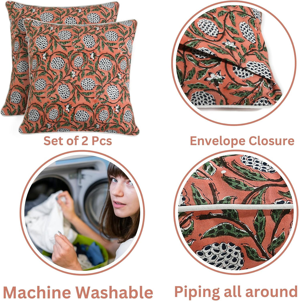 Ridhi Block Print Dark Salmon Pink Pillow Cover 18" x 18" (Pack of 2) Decorative Couch Pillows for Living Room, Chic Boho Cute Outdoor Pill…