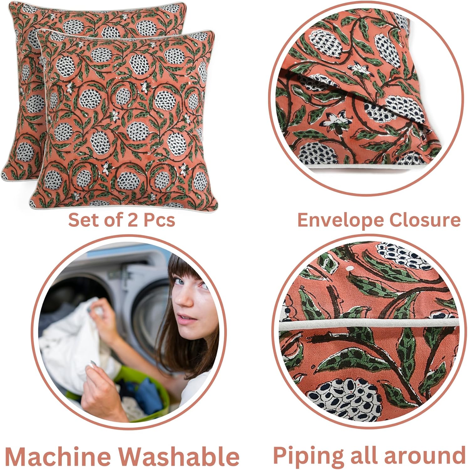 Ridhi Block Print Dark Salmon Pink Pillow Cover 24" x 24" (Pack of 2) Decorative Couch Pillows for Living Room, Chic Boho Cute Outdoor Pill…