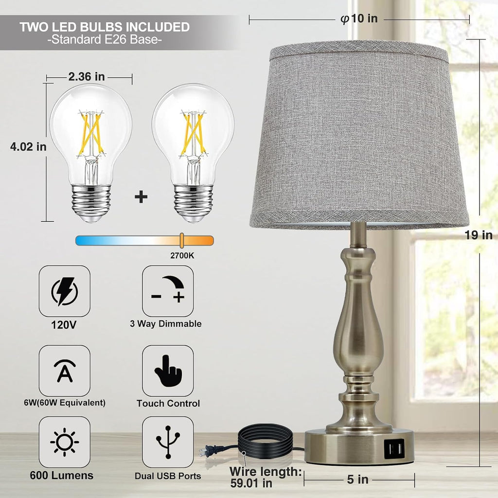 EJIAXIN Table Lamps for Bedroom Set of 2, Dimmable Touch Bedside Lamps with Dual USB A+C Ports - Nightstand Lamp for End Table Modern…