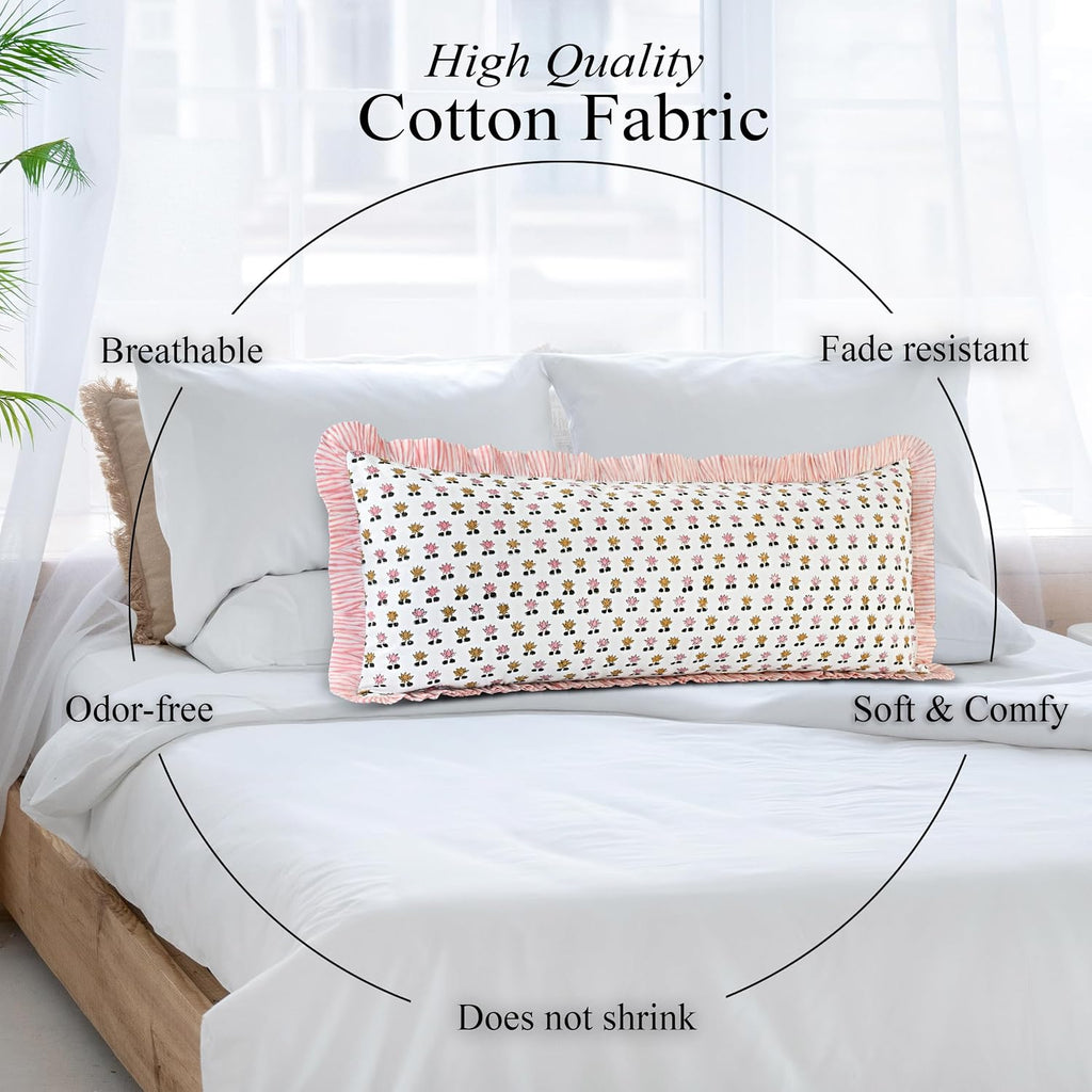 Cottonprintclub CPC Hand Block Print Rosette Bloom Ruffle Sham Pillow Cover 36" x 14" inch Hidden Zipper Decorative Pillowcase for Couch, B…