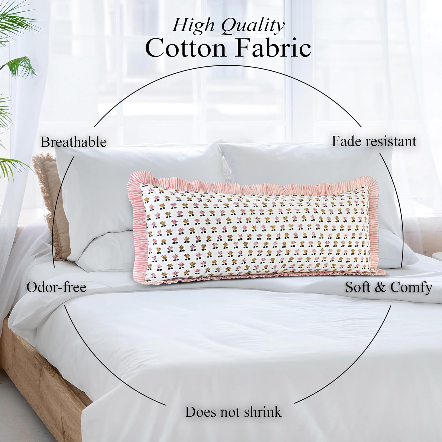 Cottonprintclub CPC Hand Block Print Rosette Bloom Ruffle Sham Pillow Cover 36" x 14" inch Hidden Zipper Decorative Pillowcase for Couch, B…
