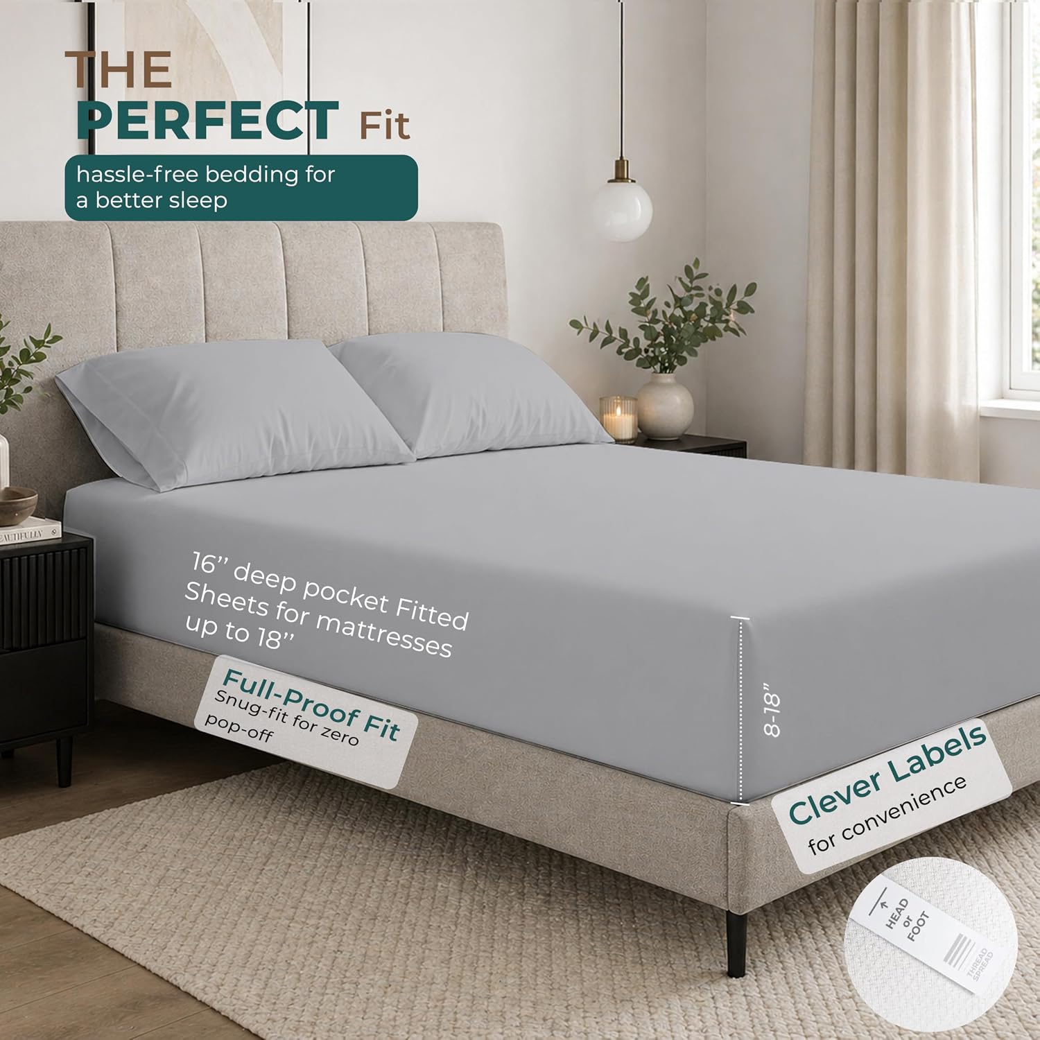 THREAD SPREAD Egyptian Cotton California King Sheet Sets – 300 Series 16" Deep Pocket California King Cotton Sheets (4 PC, Light Grey)…