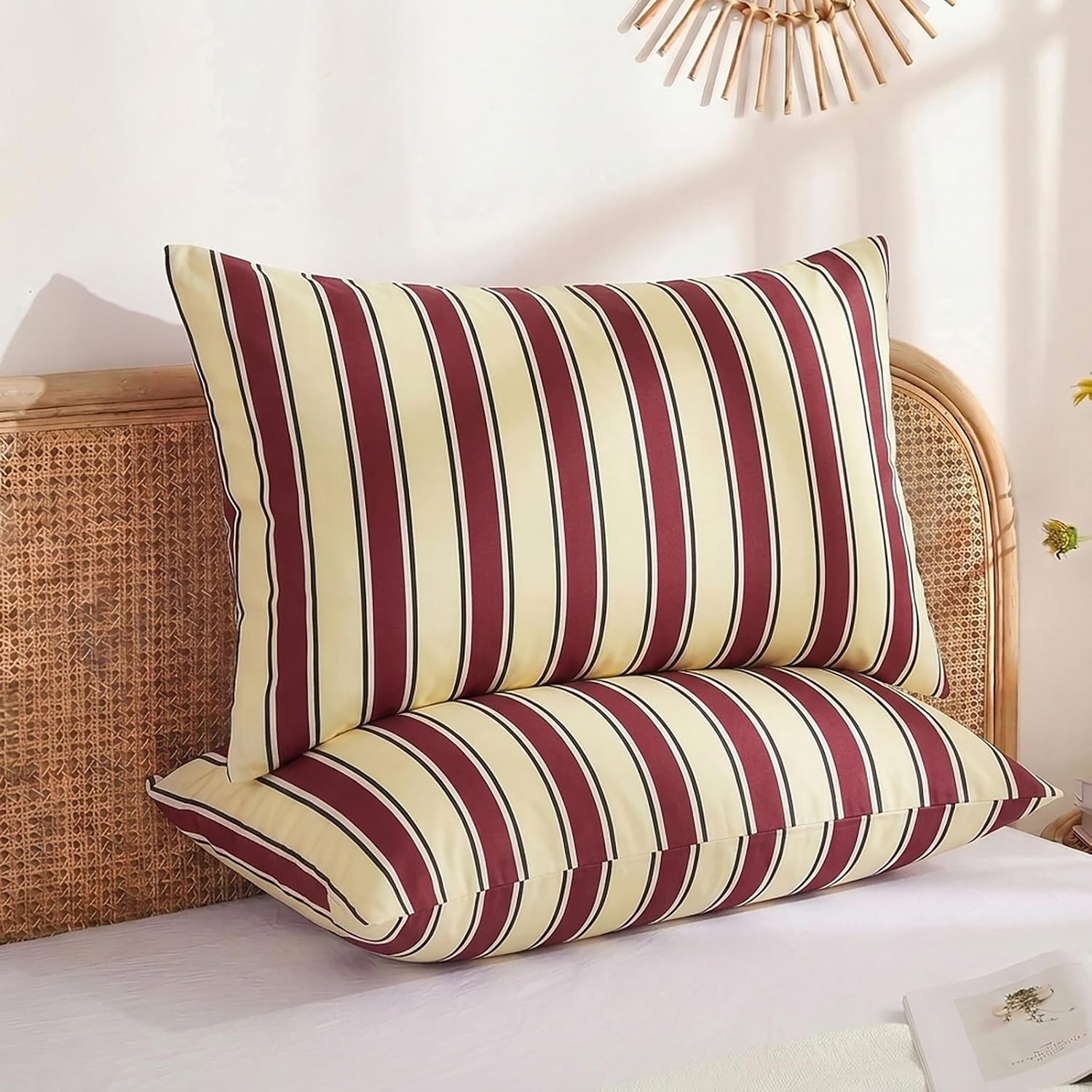 Merryword 100% Cotton Pillow Cases, Queen Size Pillowcases, Burgundy & Cream Striped Pillowcases, Luxury Linen Like Pillowcase, Soft Breath…