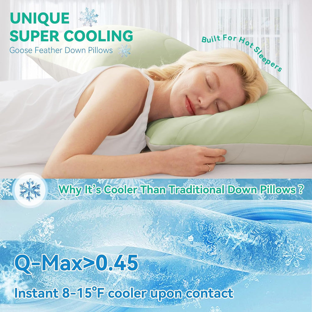 ThreeGeese Three Geese Cooling Goose Feather Down Bed Pillows Queen Size Set of 2 for Hot Sleepers, Q-Max>0.45, Cooling Hotel Bed Pillows,…