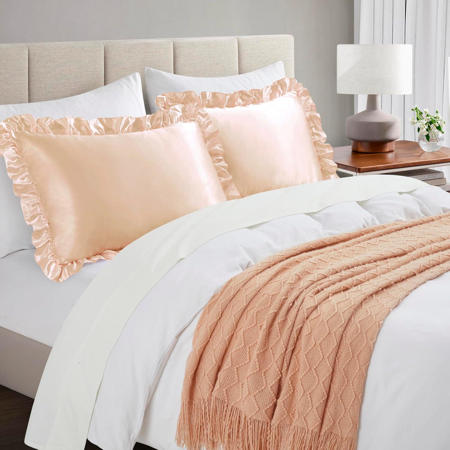 HommxJF Silky Satin Ruffled Pillow Cases for Hair and Skin, Champagne Silk Pillowcases King Set of 2 with Envelope Closure Princess Room 7.5…