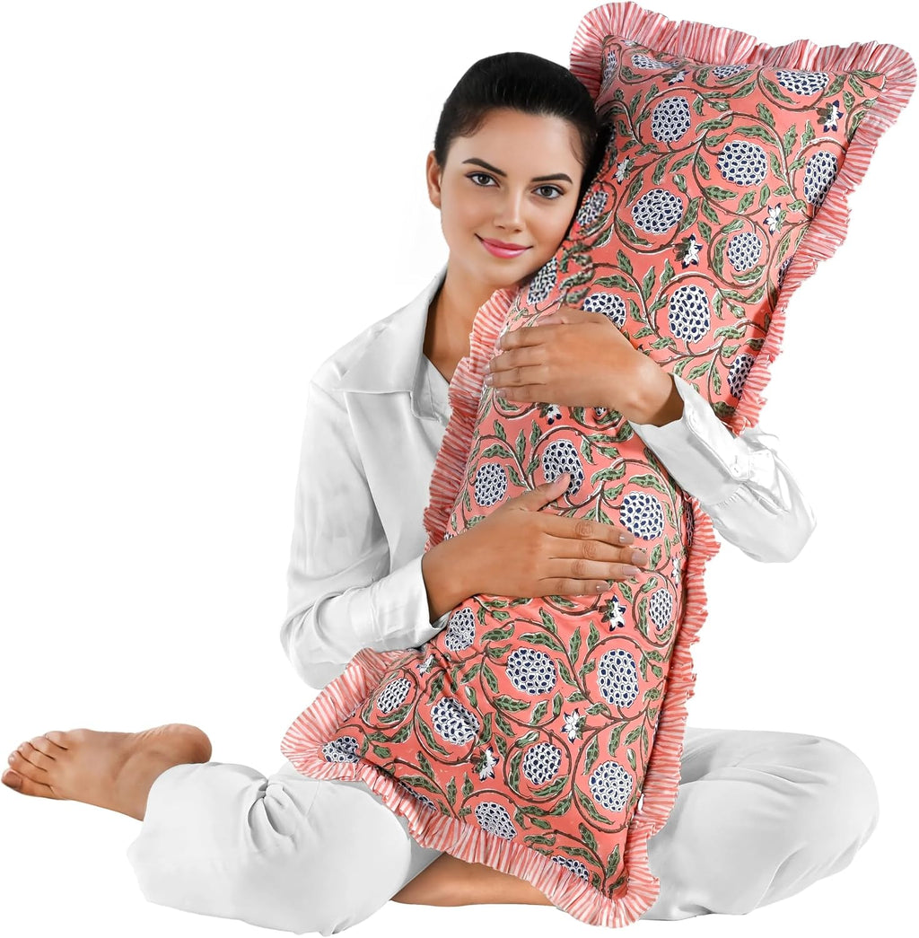 Ridhi Block Print Dark Salmon Pink 36"x14" Set 1-100% Cotton Ruffle Lumbar Sham Cover Boho Floral Pillowcase, Farmhouse Cottagecore…