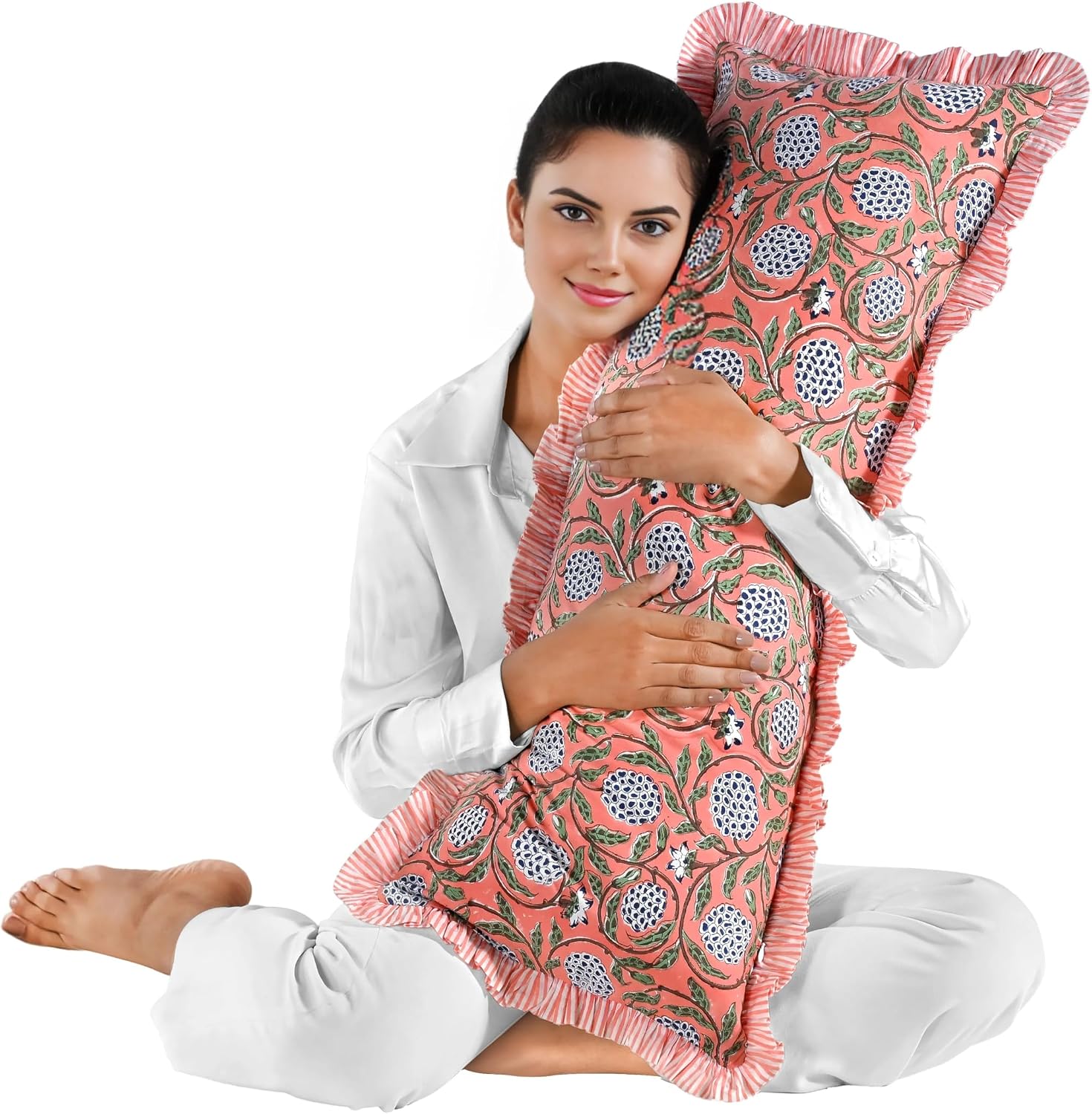 Ridhi Block Print Dark Salmon Pink 36"x14" Set 1-100% Cotton Ruffle Lumbar Sham Cover Boho Floral Pillowcase, Farmhouse Cottagecore…