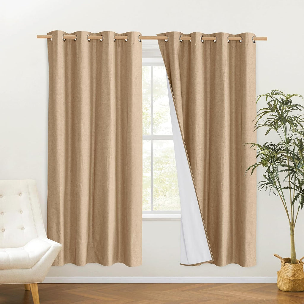 NICETOWN 100% Absolutely Blackout Linen Curtains with Thermal Insulated White Liner, Camel, W52 x L72, 2 Panels, Long Curtains 72 inch…