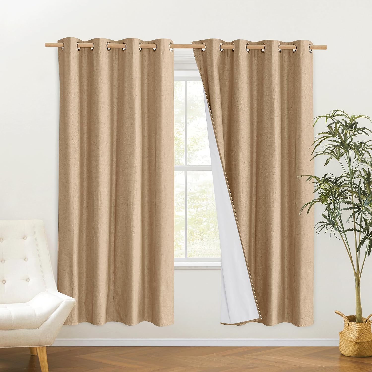 NICETOWN 100% Absolutely Blackout Linen Curtains with Thermal Insulated White Liner, Camel, W52 x L72, 2 Panels, Long Curtains 72 inch…