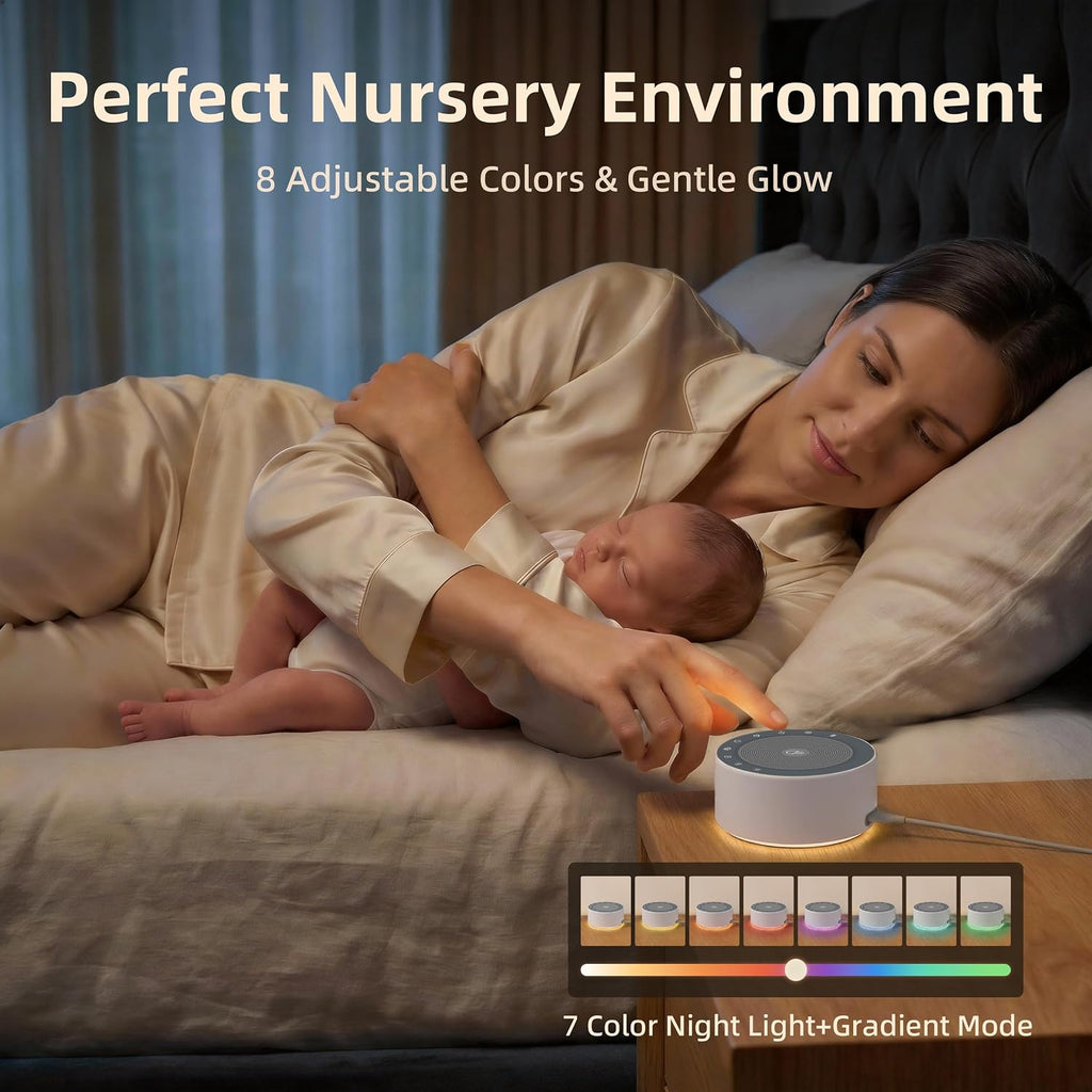 Kipcush White Noise Machine - Soft Non-Glare Nursery Lamp, 30 Soothing Sounds, 8 Color Lights, Max 8-Hour Timer for Baby & Adults (White…