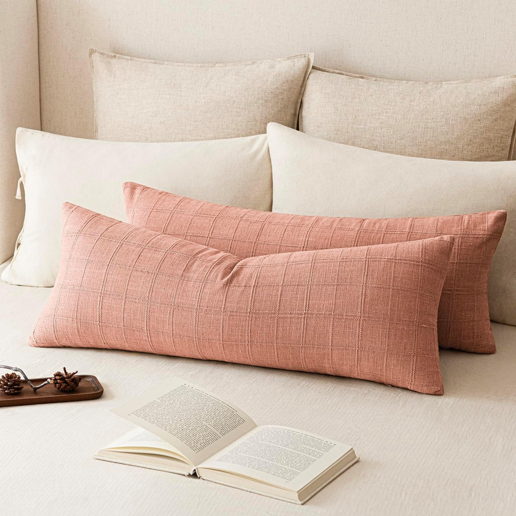 Foindtower Set of 1 Decorative Linen Check Throw Pillow Cover Neutral Long Body Lumbar Cushion Cover Farmhouse Vintage Home Decor for…