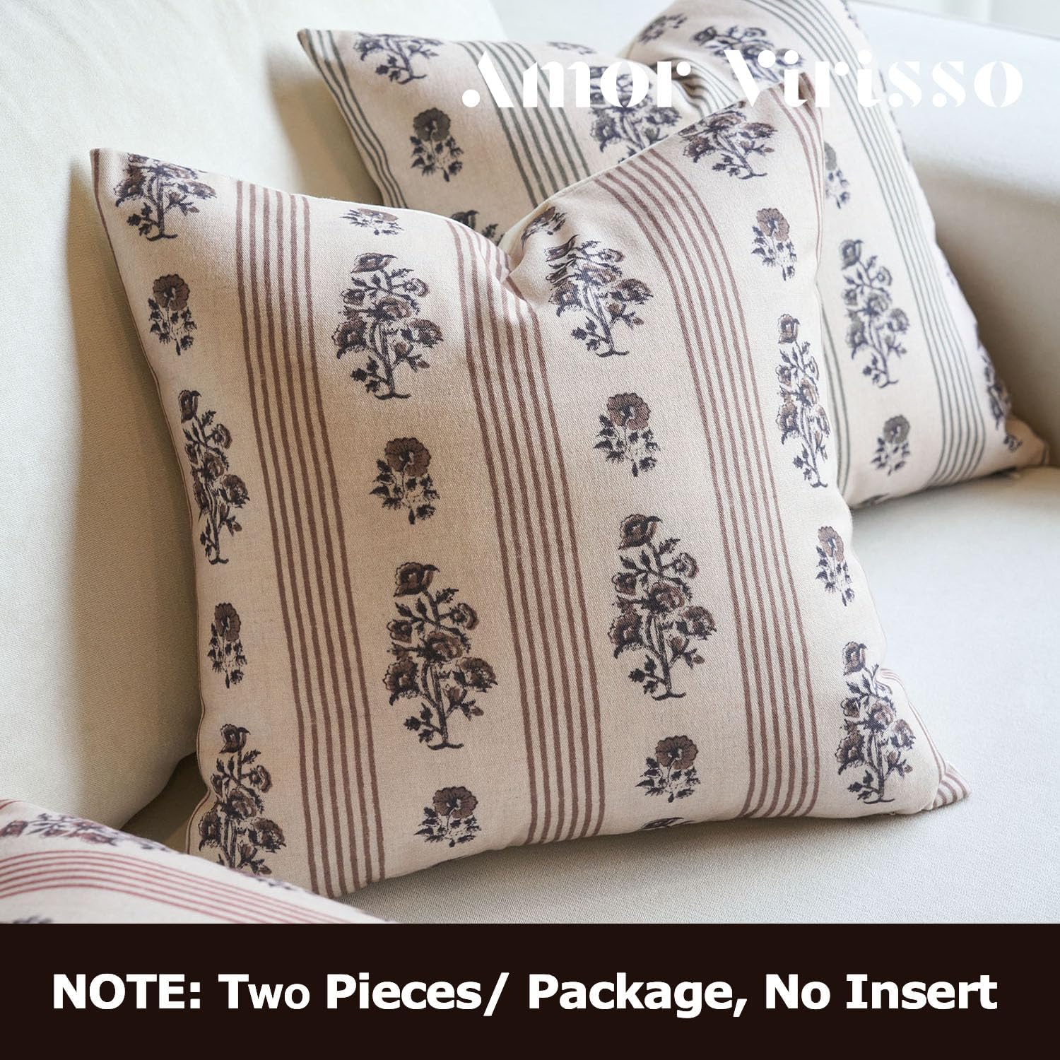 AffordableFloralPrintMaker Amor Virisso Floral Throw Pillow Covers 24x24 Set of 2 Block Print Pillow Covers Neutral Floral Striped Farmhous…