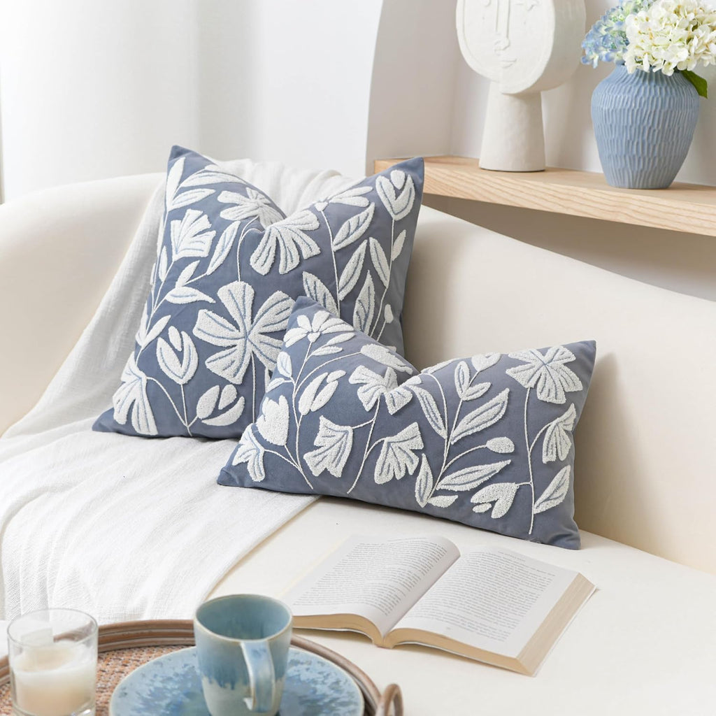 BlissBlush 12x20 Lumbar Pillow Cover, Grayish Blue Rectangular Decorative Throw Pillowcase for Couch Sofa, Floral Tufted Embroidered…
