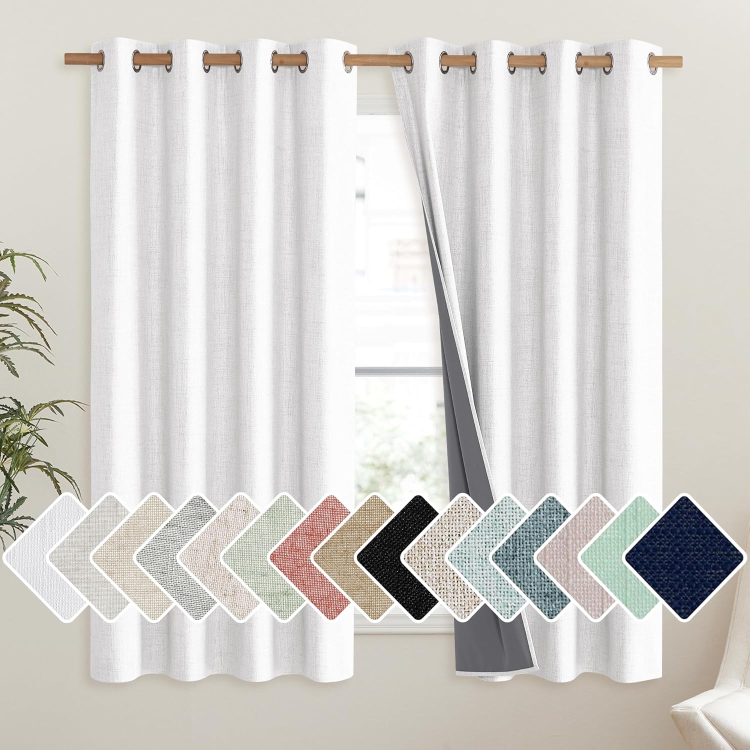 NICETOWN 100% Absolutely Blackout Linen Curtains with Thermal Insulated Liner, Greyish White, 52" Wide, 48" Length Energy Saving Curtains…