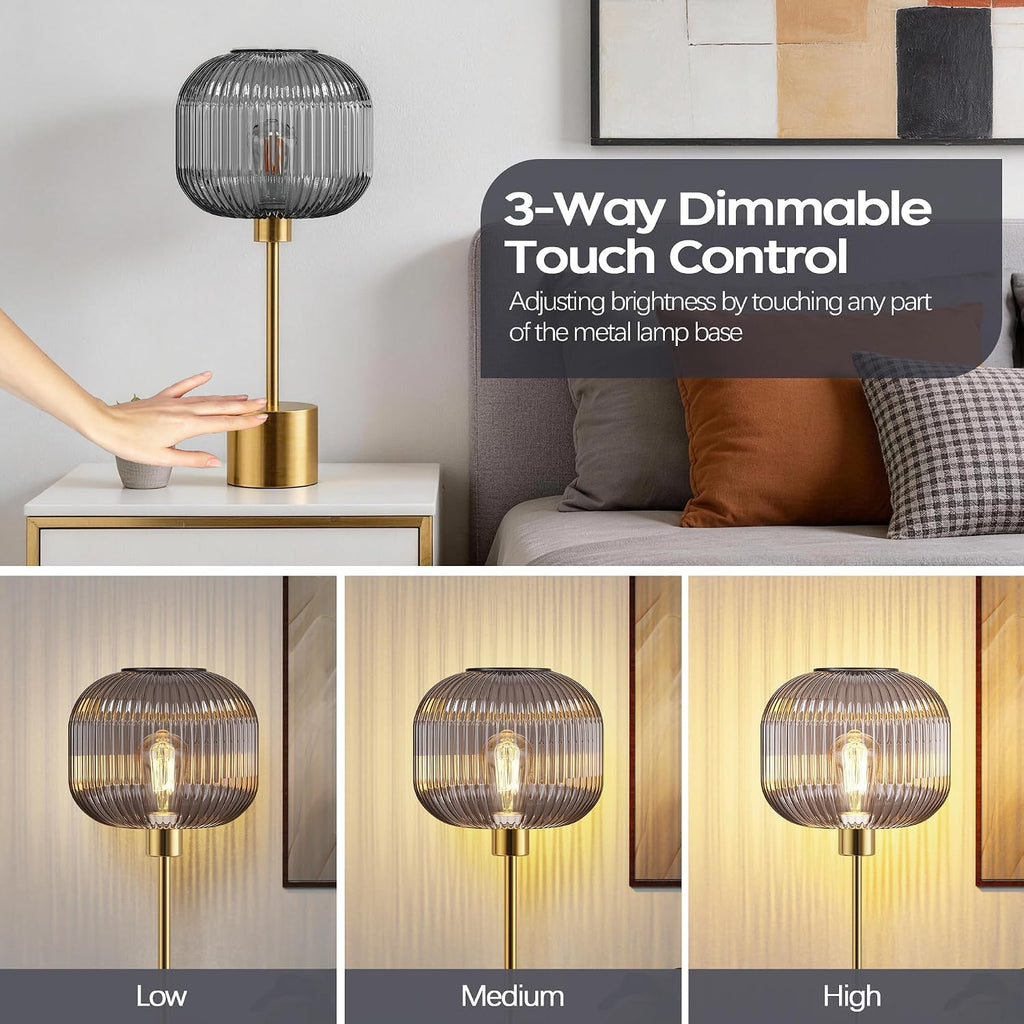 QiMH Glass Table Lamp for Living Room, Modern Bedside Lamp with Grey Ribbed Glass Shade, 3-Way Dimmable Touch Control Nightstand Lamp for…