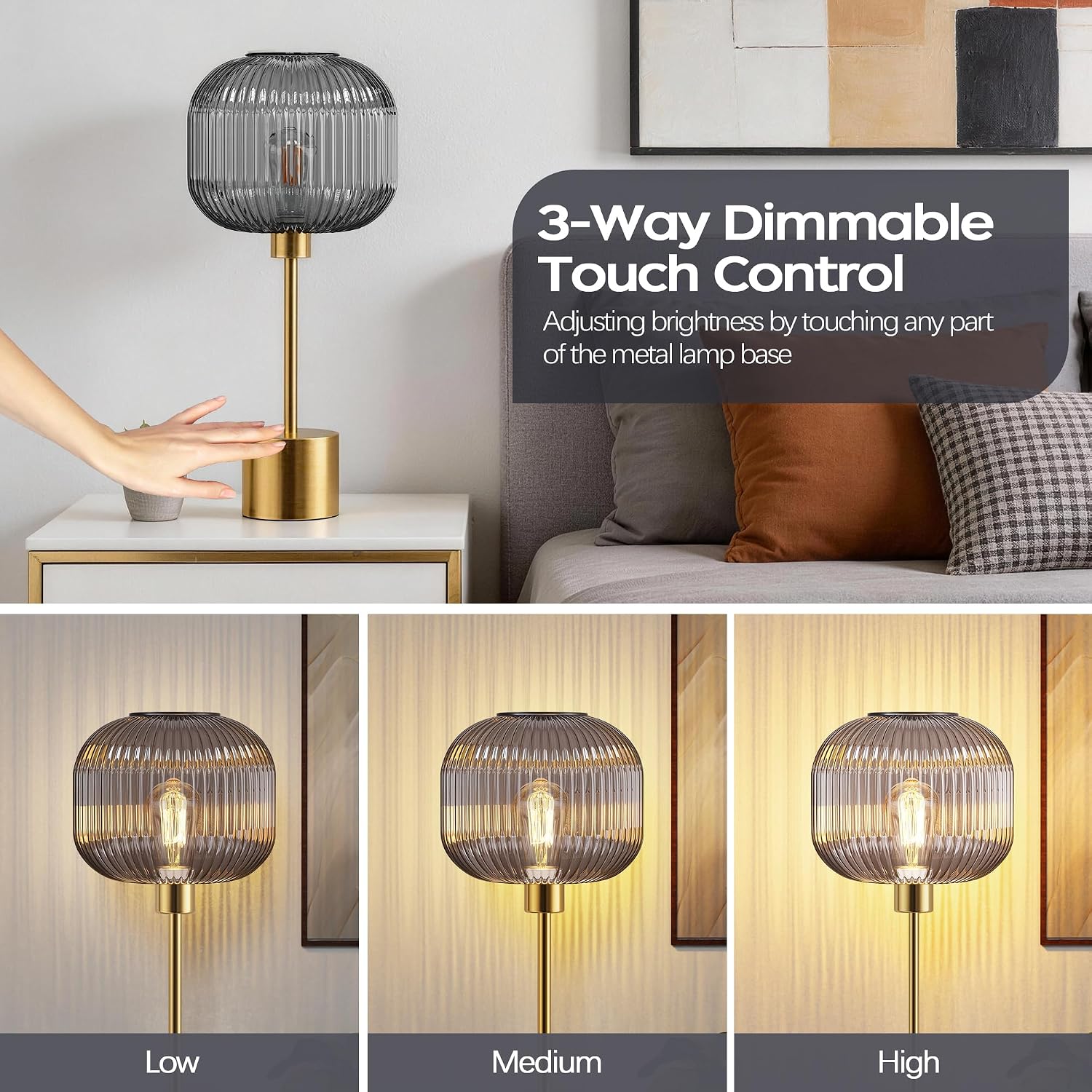QiMH Glass Table Lamp for Living Room, Modern Bedside Lamp with Grey Ribbed Glass Shade, 3-Way Dimmable Touch Control Nightstand Lamp for…