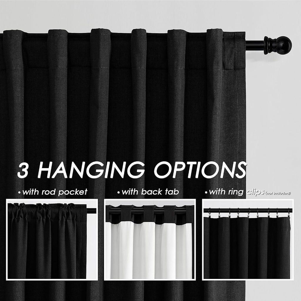Nanspring Black 100% Blackout Linen Curtains 96 Inches Long for Bedroom Back Tab Thermal Insulated Vintage Farmhouse Decor Modern Black Out…