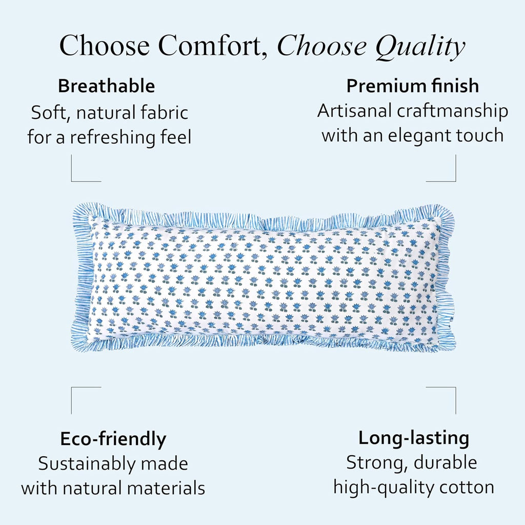 Cottonprintclub CPC Hand Block Print Arctic Blue Ruffle Sham Pillow Cover 36" x 14" inch Hidden Zipper Decorative Pillowcase for Couch, Bed…