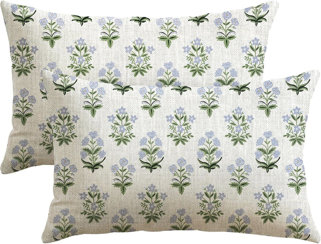 OTOSTAR Floral Print Pillow Covers 16x24 Inch Pack of 2 Double-Sided Blue Green Flower Lumbar Throw Pillow Covers Farmhouse Rustic…