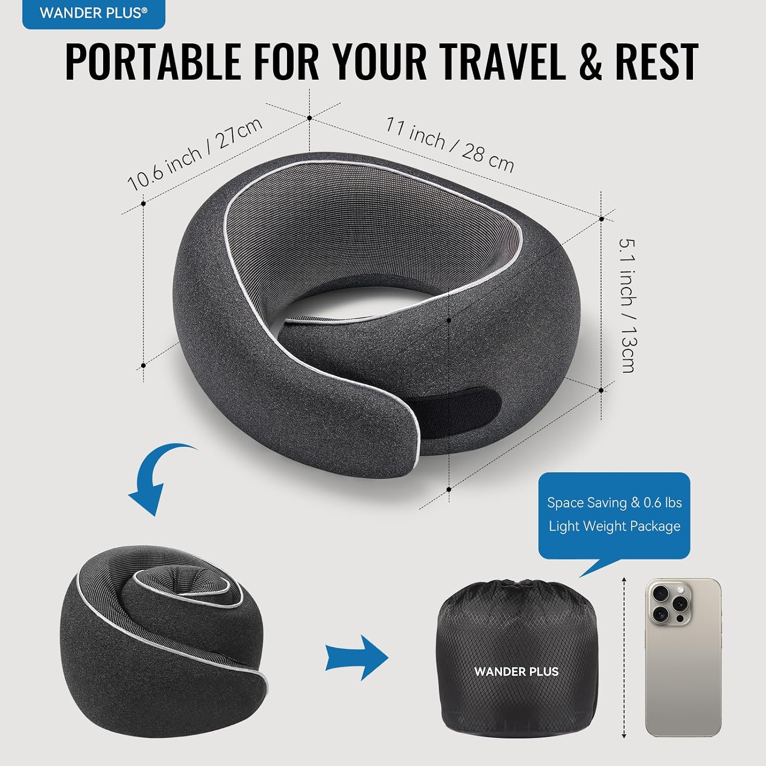 WANDER PLUS® Travel Neck Pillow, Pure Memory Foam Neck Pillow for Airplanes, Comfortable Breathable Cover, 360 Degree Support Ergonomic…