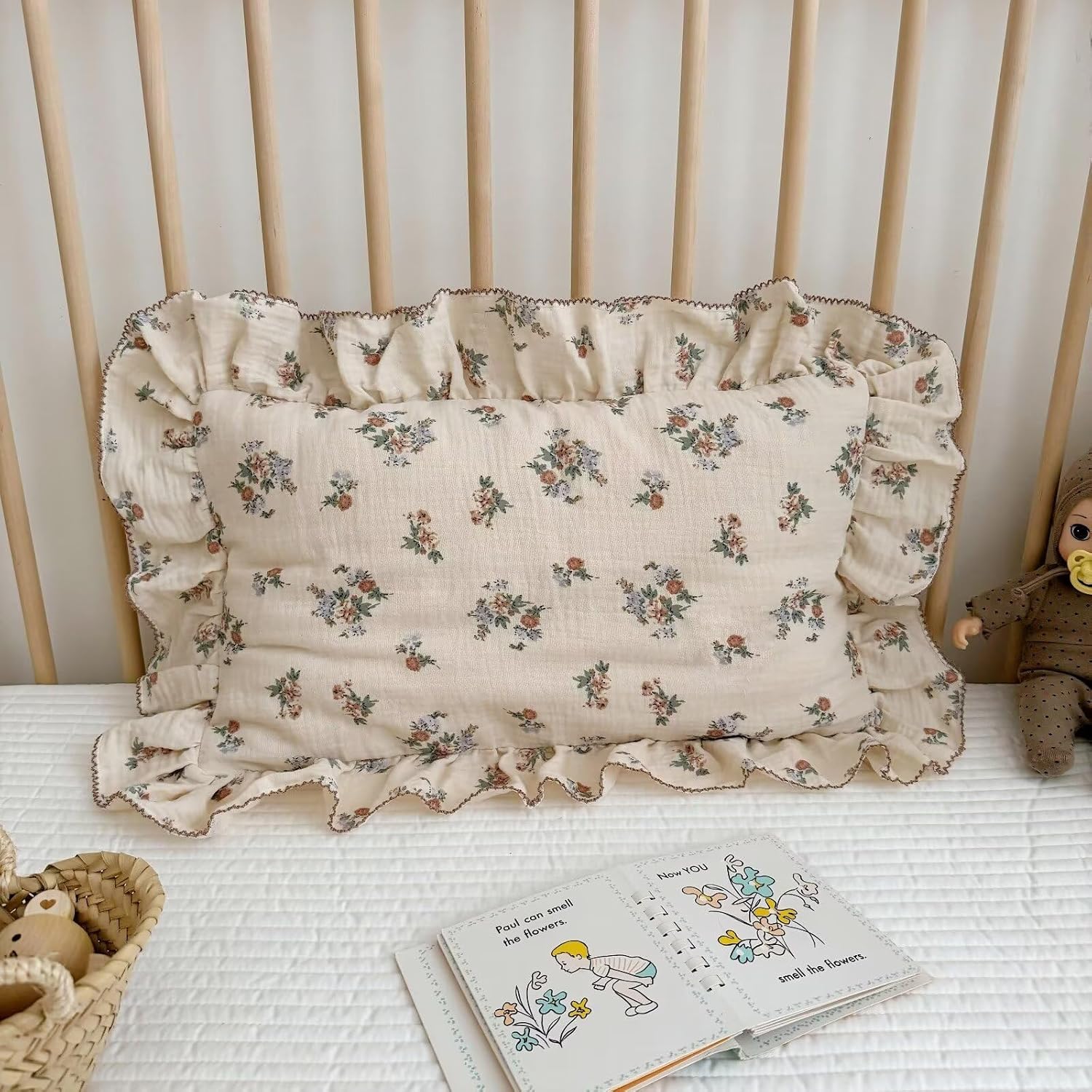 BuLuTu 2 Layers Muslin Toddler Pillowcases Fits for Crib Cot Cradle, Cotton Floral Pillow Cases for 1 2 3 4 5 6 Years Old Girls Boys…