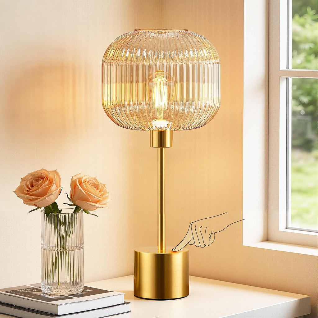QiMH Glass Table Lamp for Living Room, Modern Bedside Lamp with Champagne Ribbed Glass Shade, 3-Way Dimmable Touch Control Nightstand…