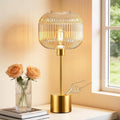 QiMH Glass Table Lamp for Living Room, Modern Bedside Lamp with Champagne Ribbed Glass Shade, 3-Way Dimmable Touch Control Nightstand…