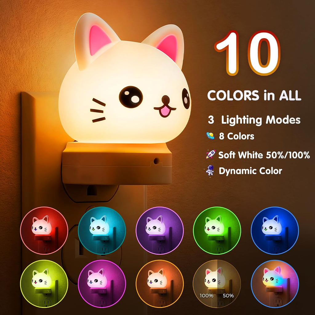 L LOHAS LED Plug in Night Light for Kids,2-Pack 3D Cute Cat Night Lights with Dusk to Dawn Sensor, RGB+Soft White 3000K Cat Night…