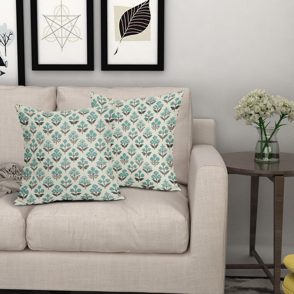 Black Teal Floral Pillow Covers 16x16 Inch Set of 2, Spring Summer Vintage Flower Block Print Pattern Decorative Throw Pillowcases…