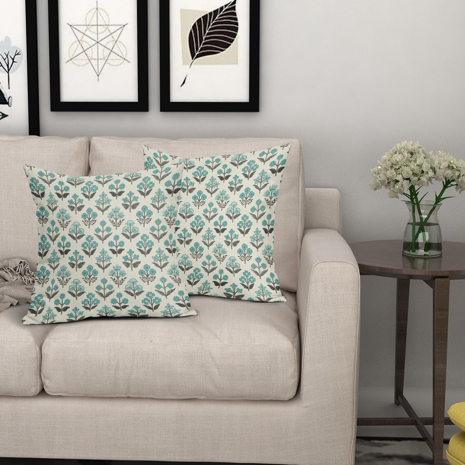 Black Teal Floral Pillow Covers 18x18 Inch Set of 2, Spring Summer Vintage Flower Block Print Pattern Decorative Throw Pillowcases…