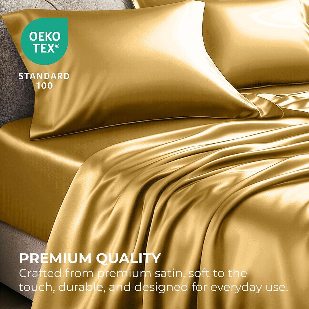 PureBedding Satin Sheets Twin [3-Piece, Gold] Hotel Luxury Silky Bed Sheets - Extra Soft 1800 Microfiber Sheet Set, Wrinkle, Fade, Stain Re…