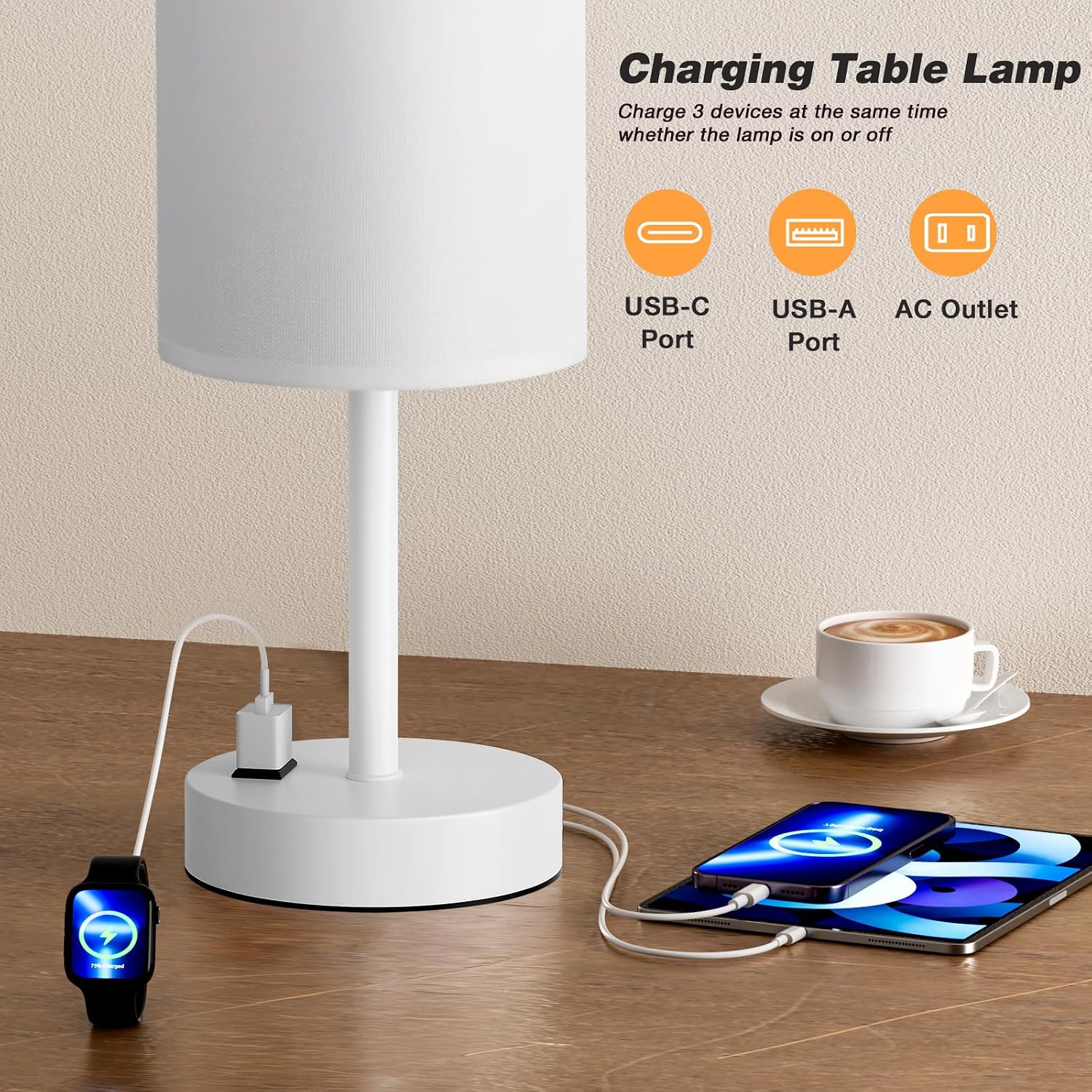 Fenmzee White Nightstand Bedroom Lamp - 3 Way Dimmable Bedside Lamp USB C A Charging Ports and AC Outlet, Small Table Lamp Linen…