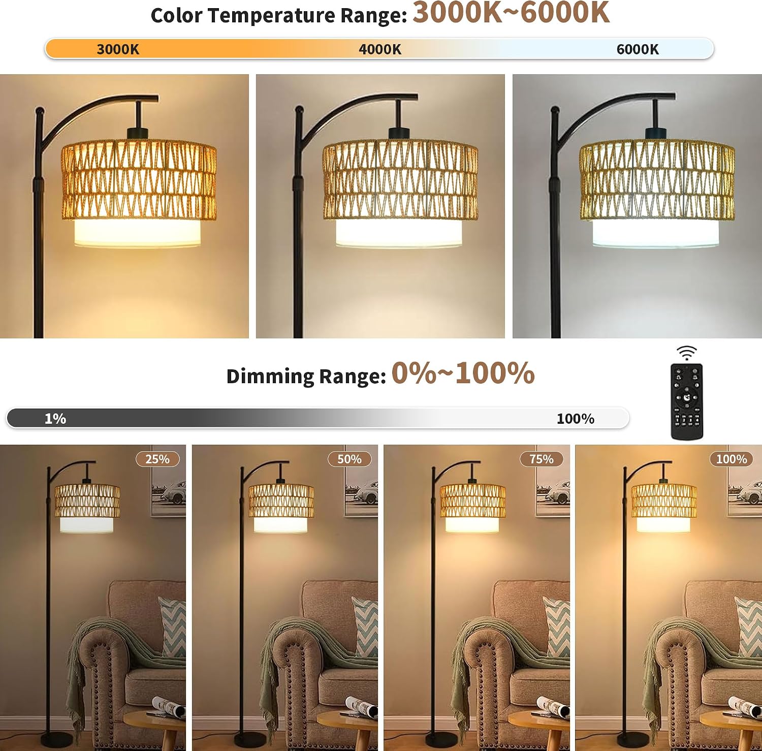 ZECOXOL Arc Floor Lamp for Living Room Boho Floor Lamps with Remote Control & with 3 Color Temperatures, Rattan Wicker Standing Lamp…