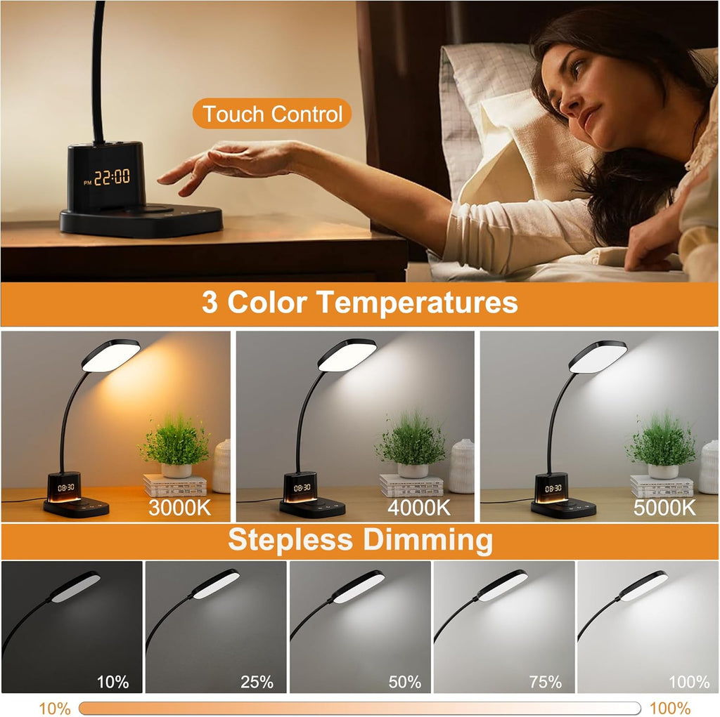 Desk Lamp, Bedside Table Lamps with Wireless Charger and Clock, 30Mins Auto-Off Night Light Lamp, 3 Color Modes Dimmable Touch 800LM CRI…