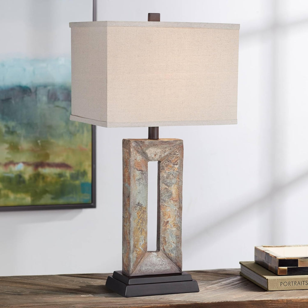 Franklin Iron Works Tahoe Small Rustic Traditional Style Table Lamp 26" High Natural Stale Rectangular Box Shade for Living Room Bedroom…