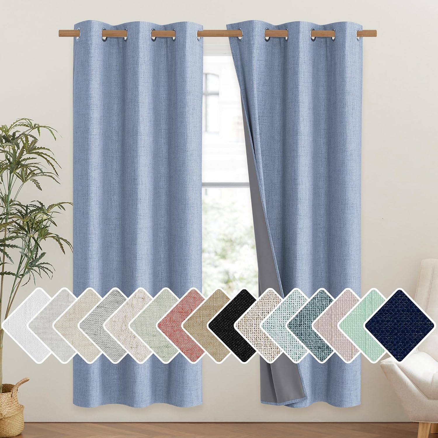 NICETOWN Stone Blue Vintage Linen 100% Blackout Curtains for Classroom, Thermal Insulated Curtains 72" Long, Noise Reducing Window…