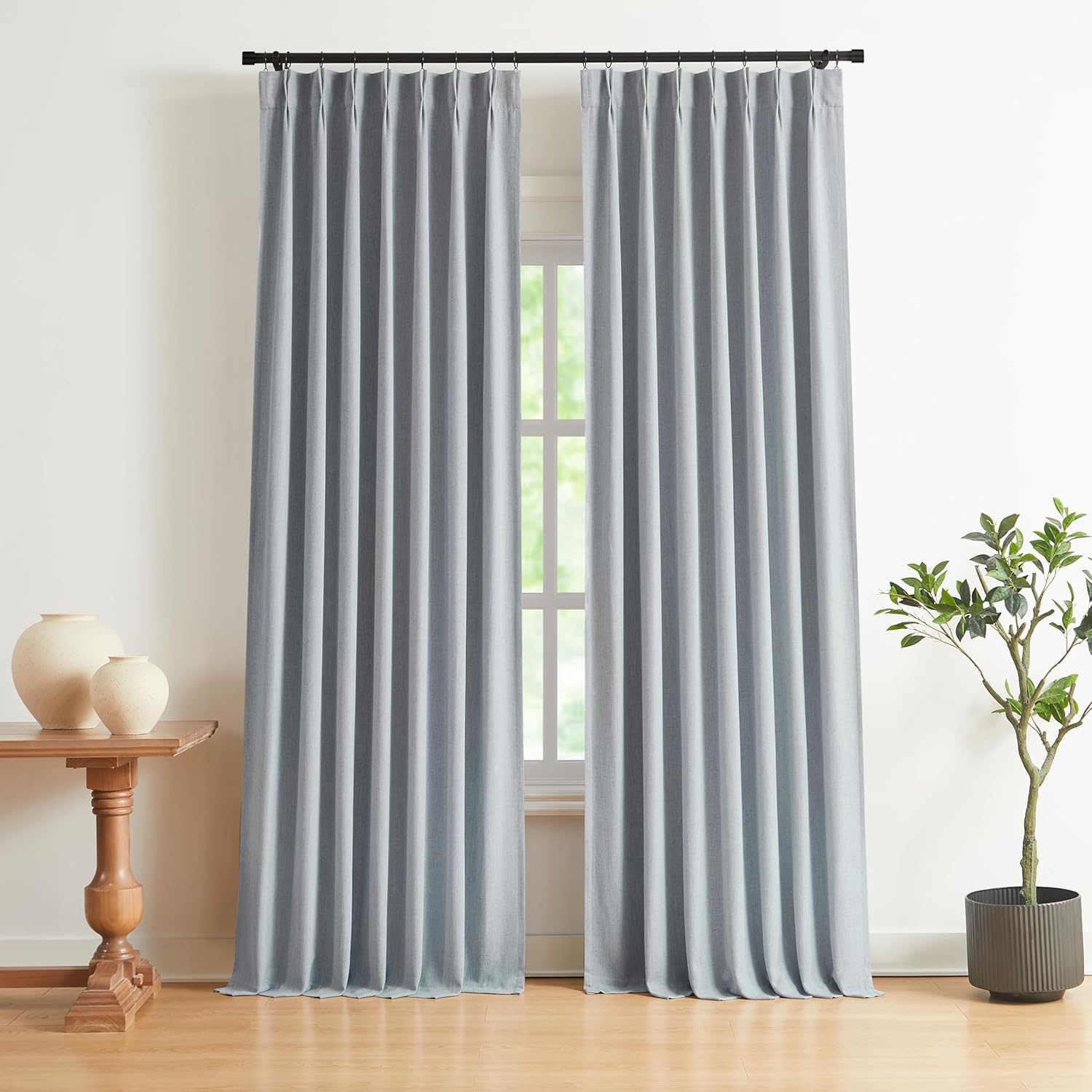 VisionHome Vision Home Blue Gray Pinch Pleated Full Blackout Curtains Linen Blended Room Darkening Window Curtains 108 inch for Living Room…