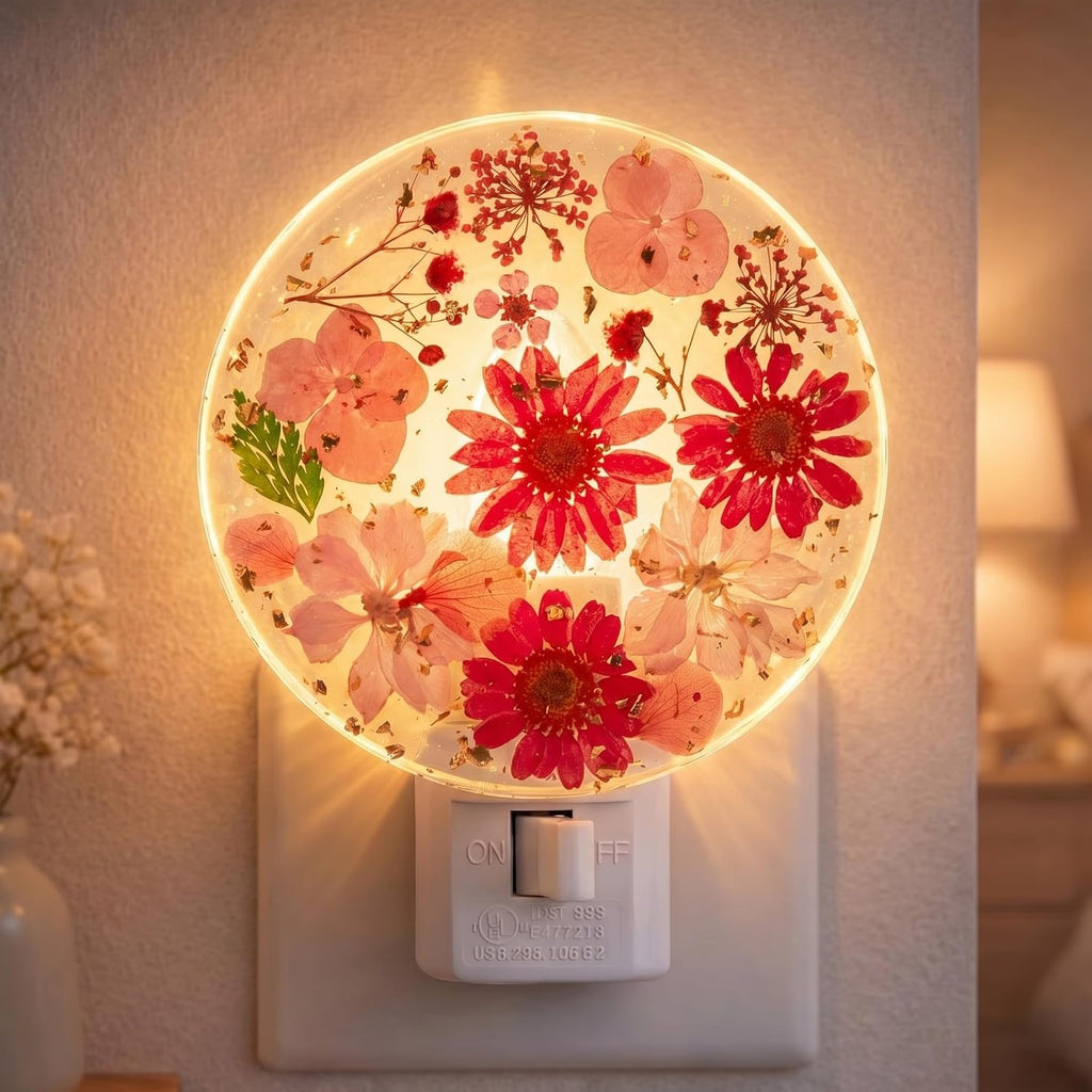 Glooglitter Pressed Flower Night Light Plug in - Handmade Dried Floral Wall Night Light, Soft Glow Decorative Nightlight for Hallway Bedroo…