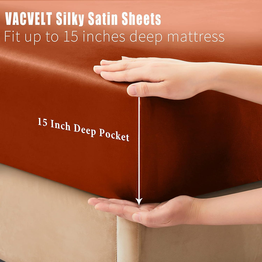 VACVELT 4pcs Rust Orange Satin Sheets King Size Bed Set, 15 Inch Deep Pocket Silky Satin Sheet Set, Soft Satin Bedding Set Cooling &…